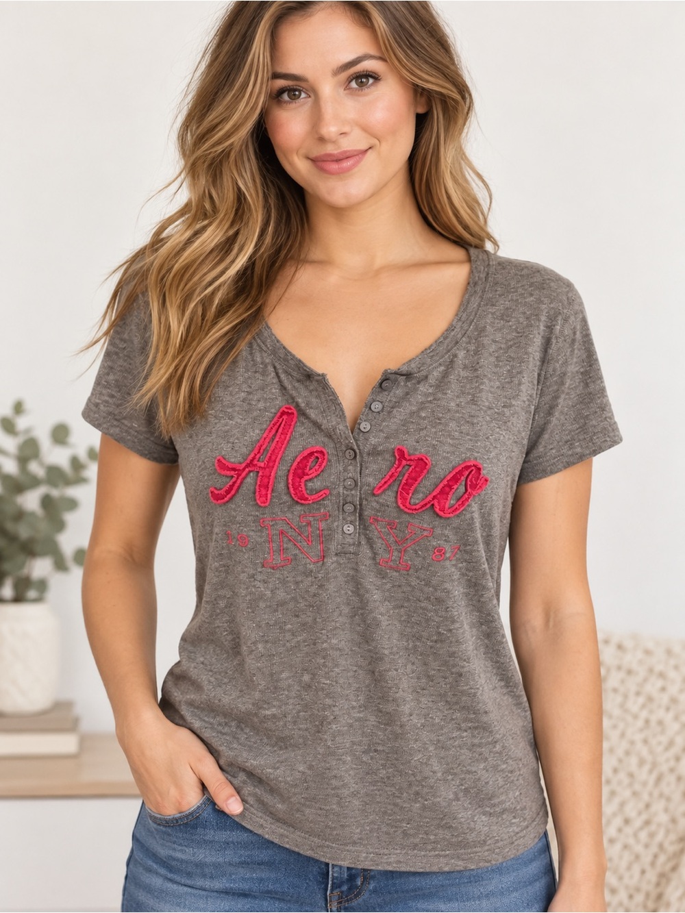 Y2K Aeropostale Brown Short-Sleeve Henley Tee with Pink Script Logo